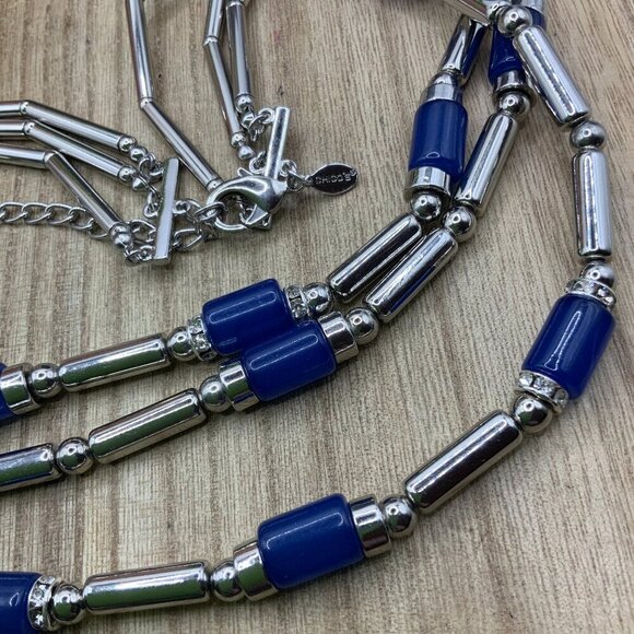 Chico's Multi Strands Rhinestone Blue Beads Silver Tone Necklace - Picture 1 of 9